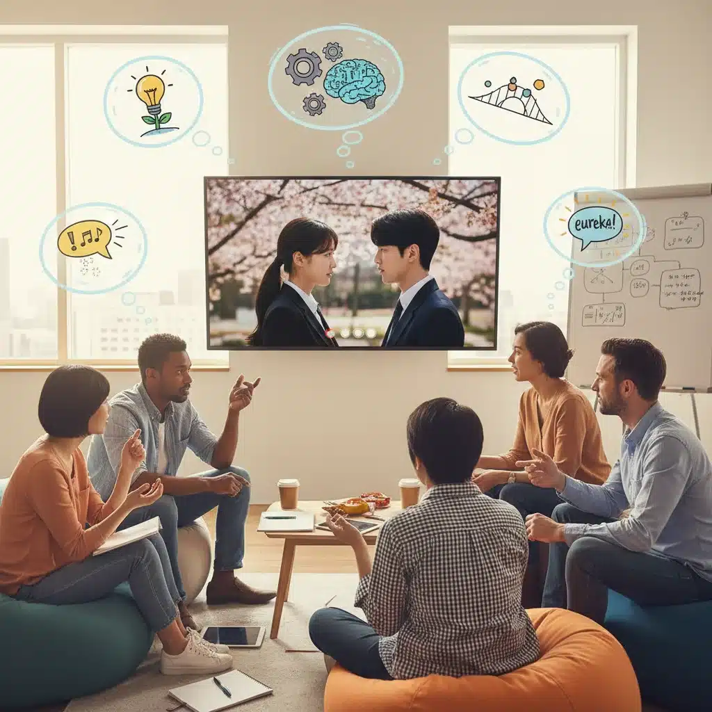 Diverse group brainstorming innovative ideas inspired by Korean drama viewing.