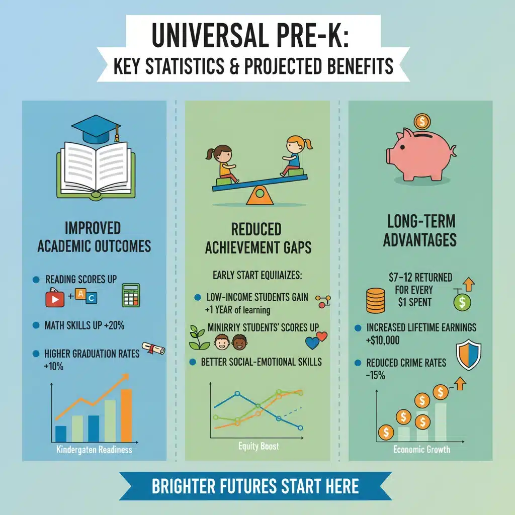 Infographic detailing the academic and economic benefits of universal pre-kindergarten programs