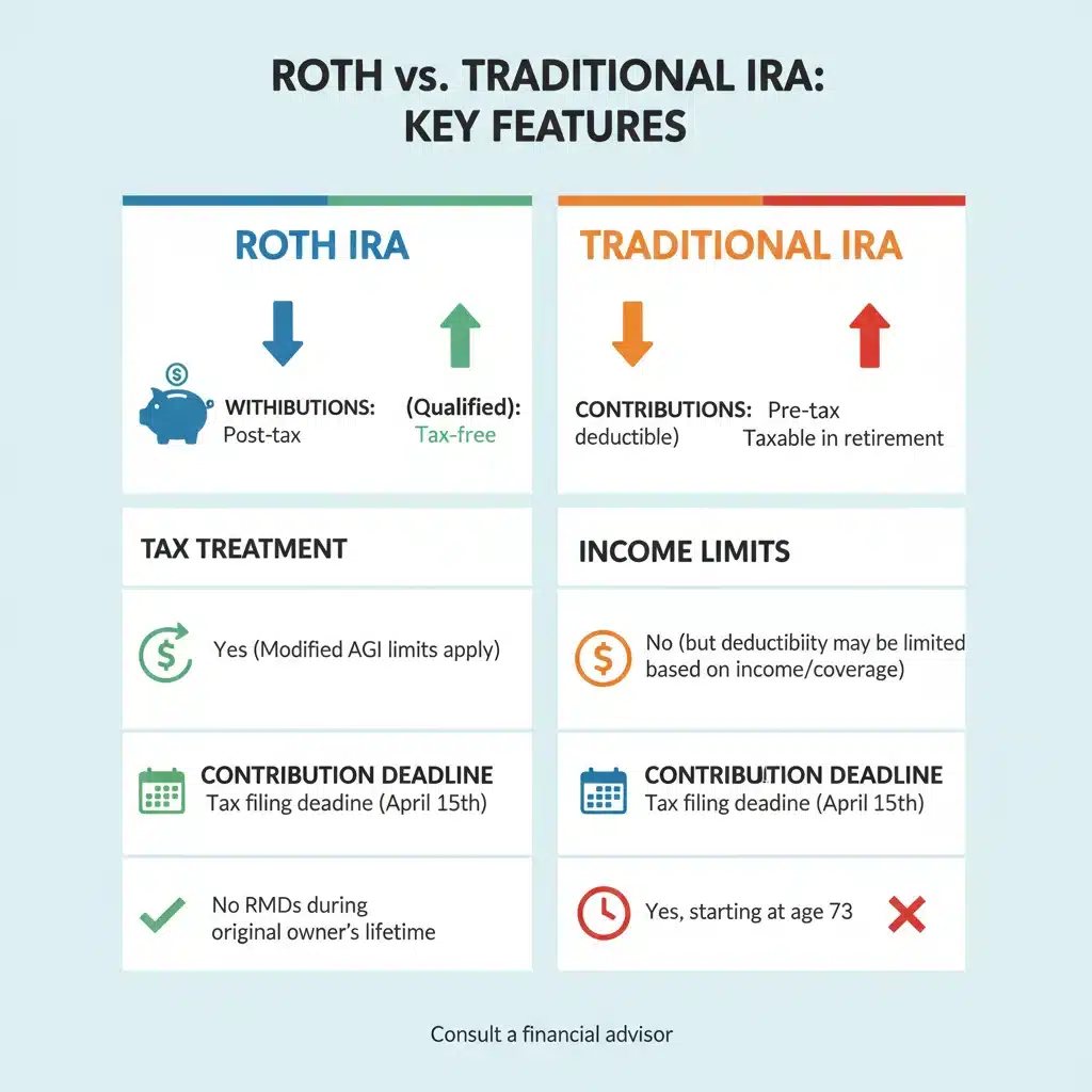Infographic comparing Roth and Traditional IRA features