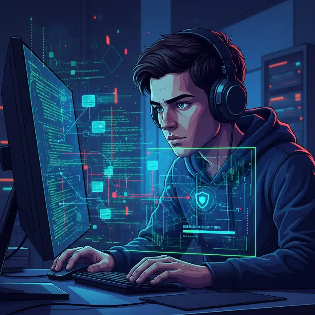 Student engaged in a practical cybersecurity lab simulation.