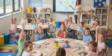Diverse students engaged in classroom discussion with teacher