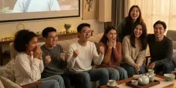 Group of friends watching C-drama, showing emotional engagement
