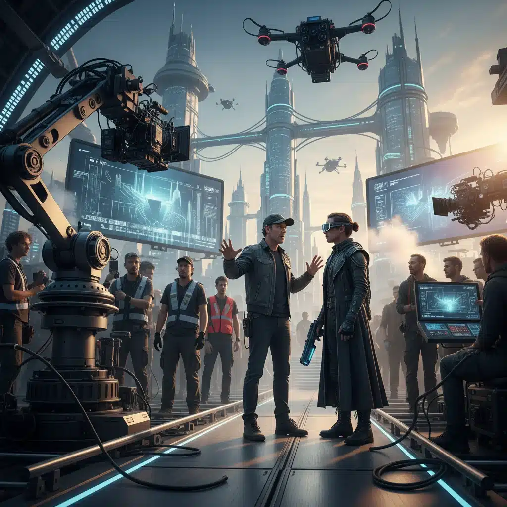 Director interacting with an actor on a futuristic J-Drama set, showcasing the intense production environment.