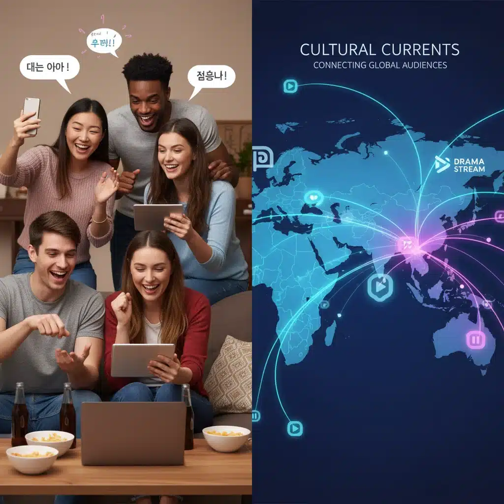 Young American adults engaging with Dorama on streaming platforms, global content distribution map.