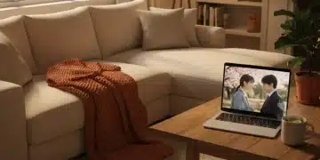 Woman relaxing on couch watching dorama with tea for wellness