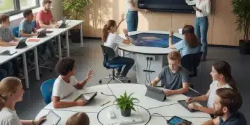 Students and teachers using education technology in a modern classroom setting.