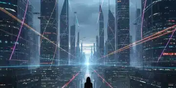 Futuristic cityscape with neon lights and a silhouetted figure, representing the J-Drama 'Echoes of Tomorrow.'