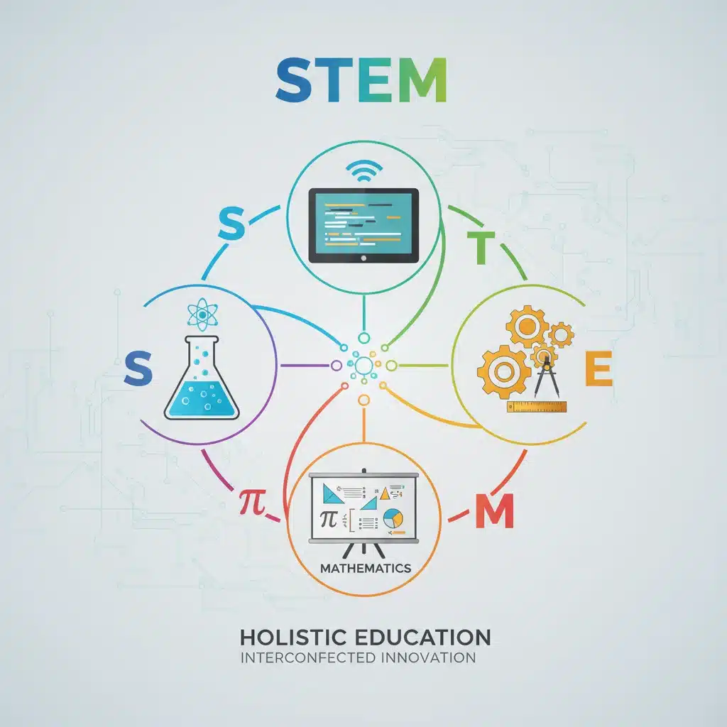 Infographic showing the interconnectedness of Science, Technology, Engineering, and Mathematics.