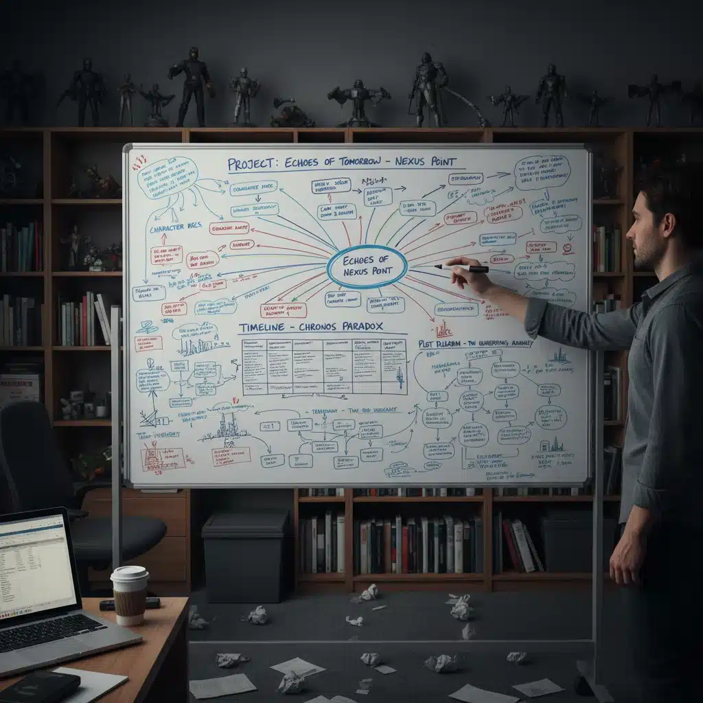 Detailed plot diagrams and character arcs on a whiteboard, reflecting the intricate storytelling of 'Echoes of Tomorrow.'