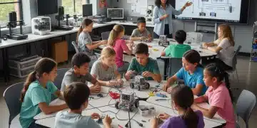 K-12 students collaboratively building a robot in a modern STEM classroom, guided by a teacher.