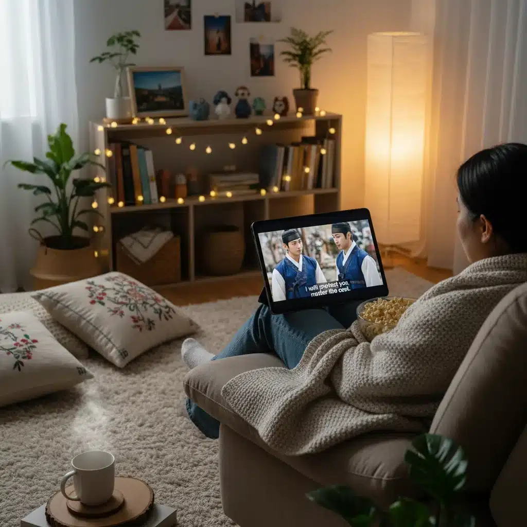 Person enjoying an Asian drama on a tablet in a cozy home setting, highlighting accessibility.