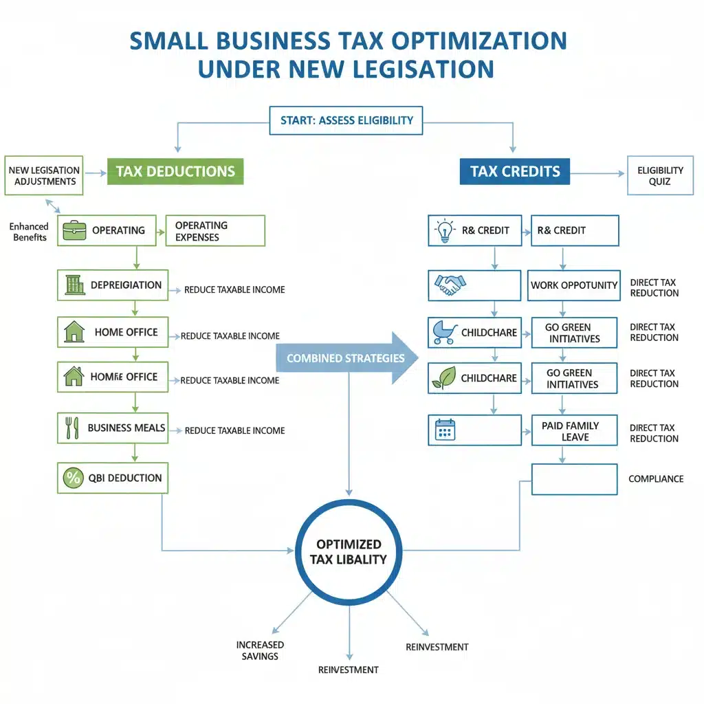 Complex flowchart illustrating tax deductions and credits for small businesses.