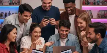 Diverse group of dorama fans connecting online, sharing laughter and discussions.