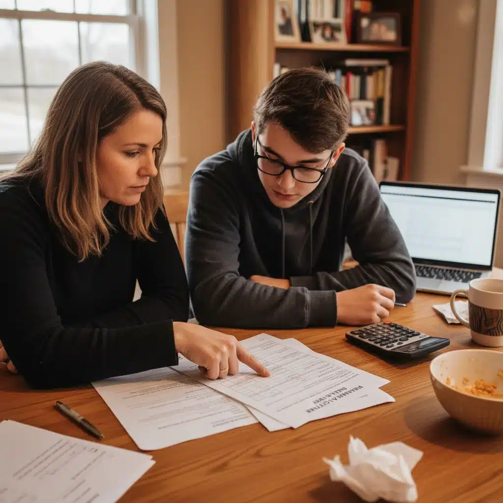 Parent and student discussing college financial aid offer letter