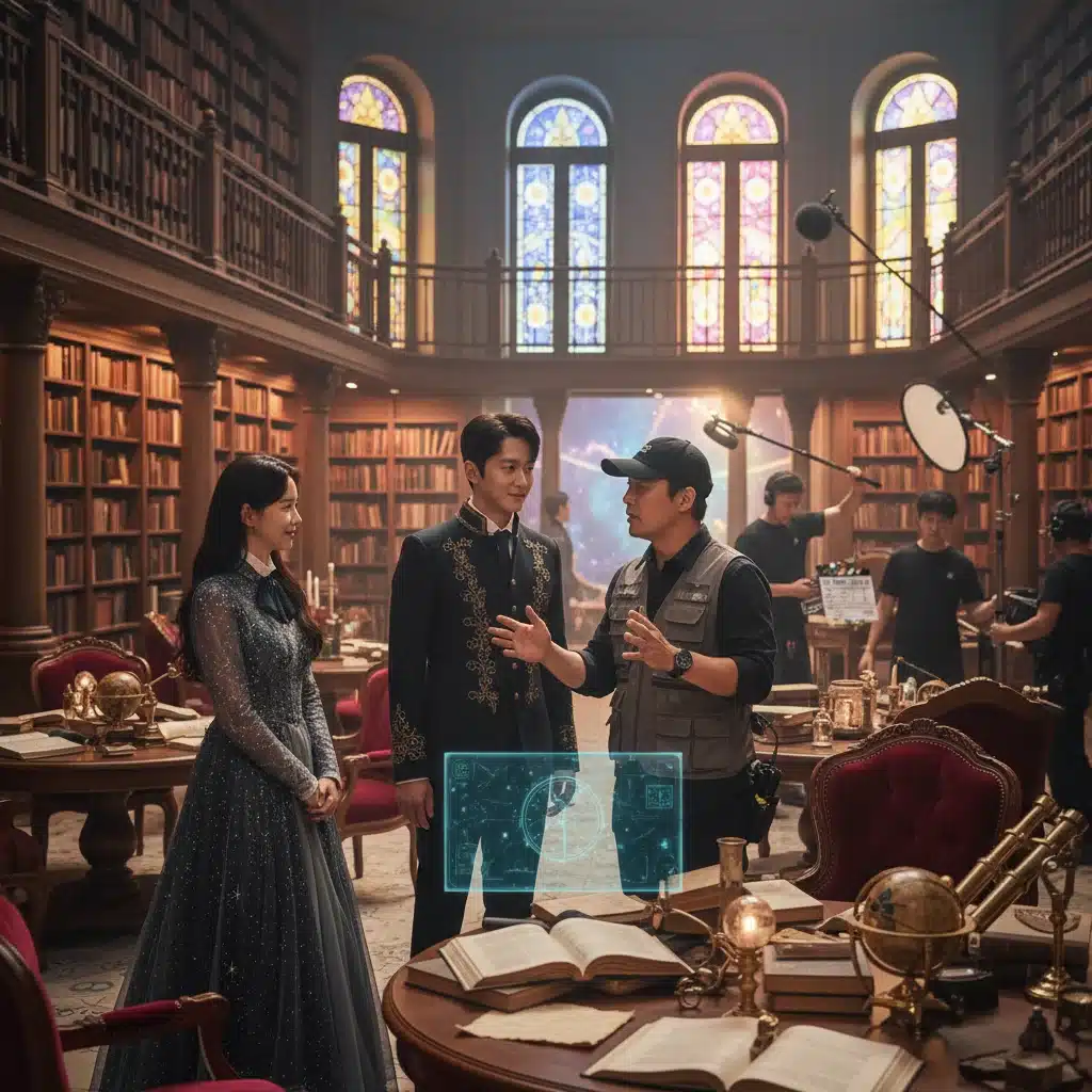 Behind-the-scenes of Starfall Academy K-Drama filming in a grand library