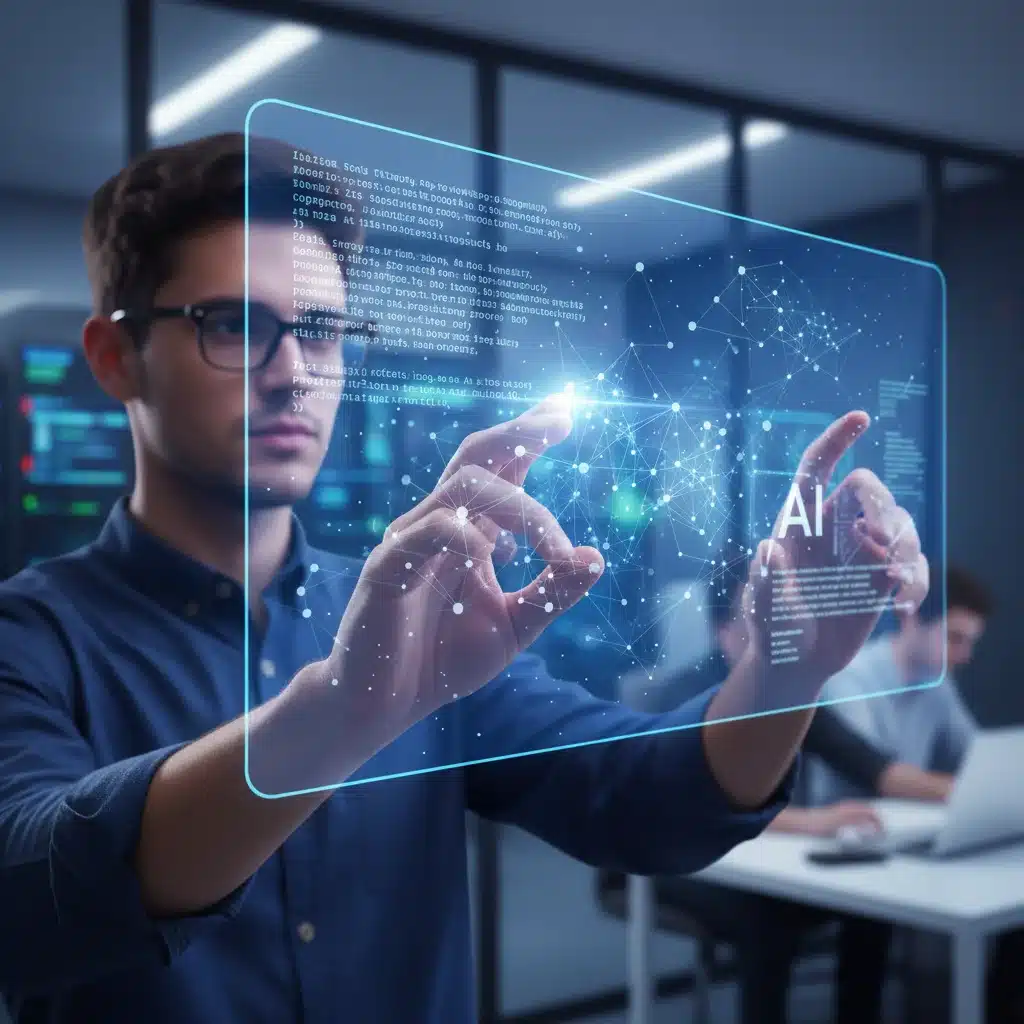 Student engaging with holographic AI display in a university lab.