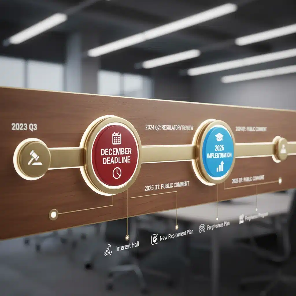 Infographic showing a financial timeline with important student loan deadlines and implementation dates.