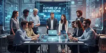 Students and professors working on AI projects in a university classroom, displaying innovation.