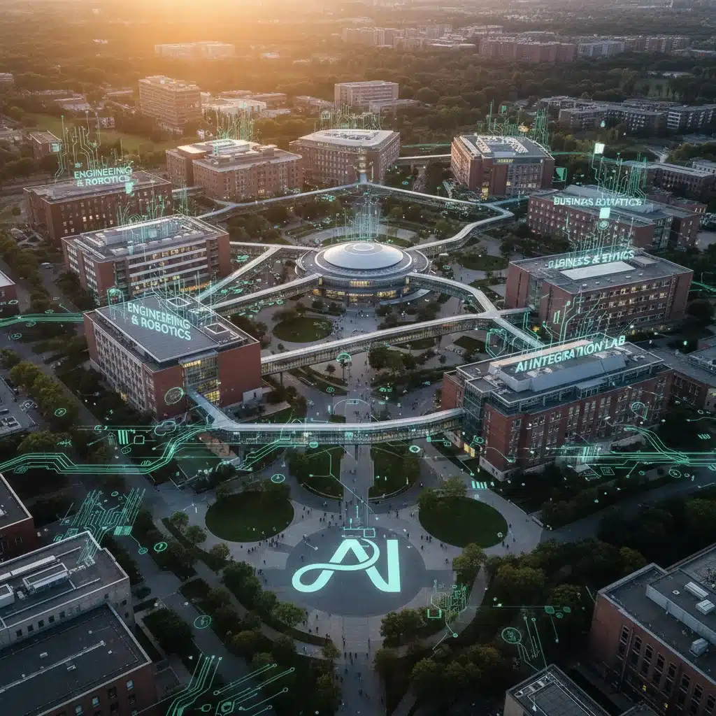 Aerial view of a university campus with AI integration overlay.